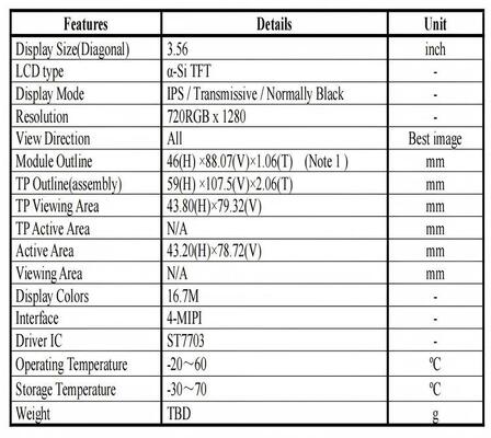 3.56 Inch IPS TFT LCD Module with 720x1280 Resolution and 350nit Brightness for Smart Handheld Devices