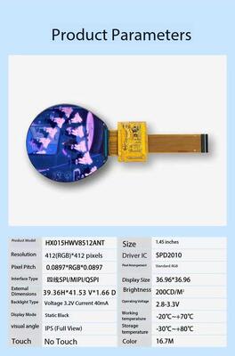 1.45 Inch IPS TFT Color Display Module with SPD2010 IC, 412(RGB)X412 Resolution and SPI 4L/MIPI/QSPI Interface