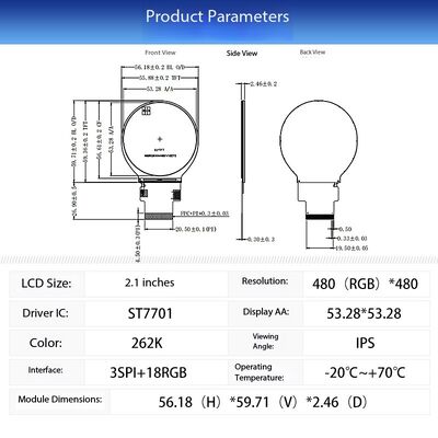 2.1 Inch Round TFT Display 480x480 Resolution 300nits Brightness Circular TFT LCD Display for Smart Appliances